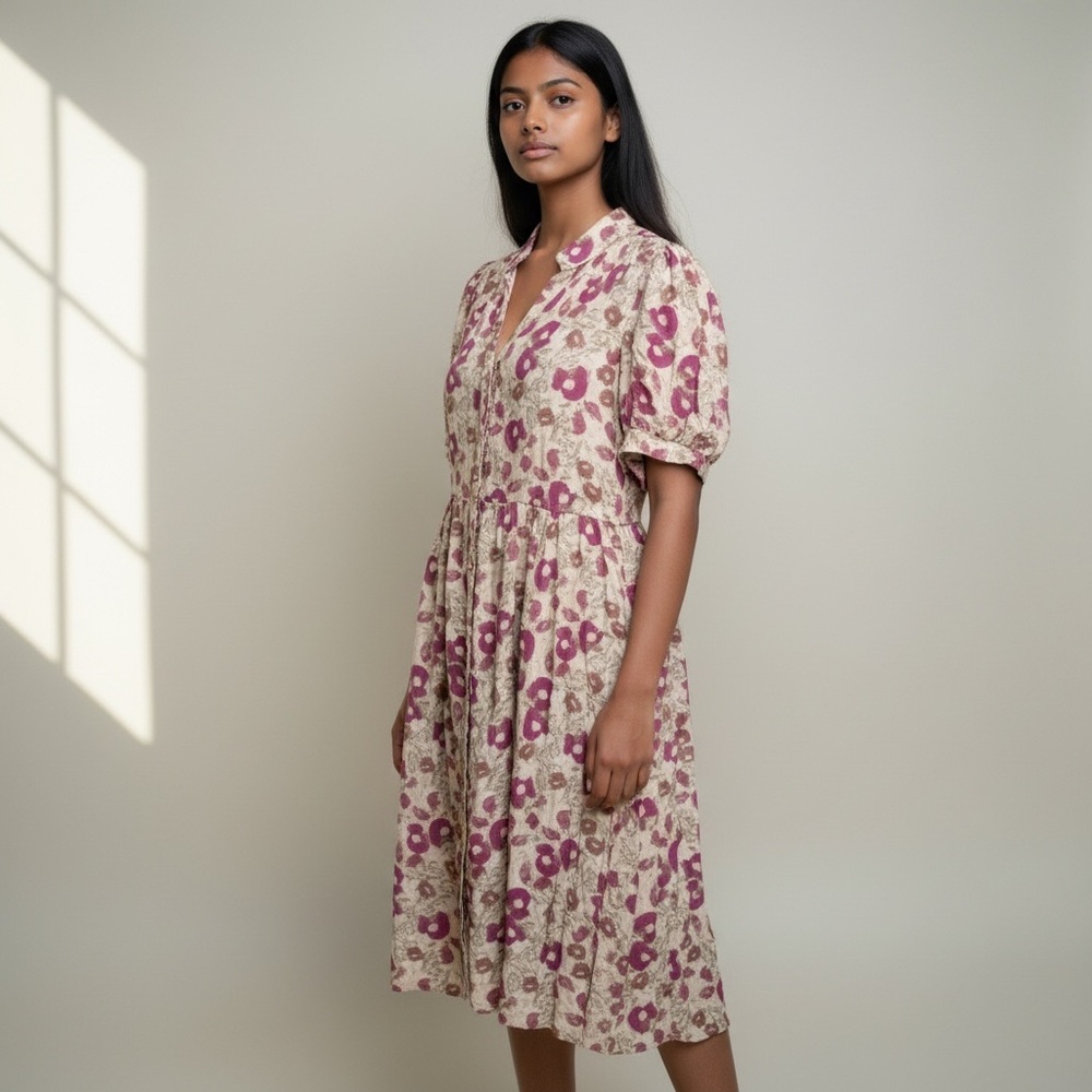 Anthropologie Women's Midi Floral Dress in Cream & Pink